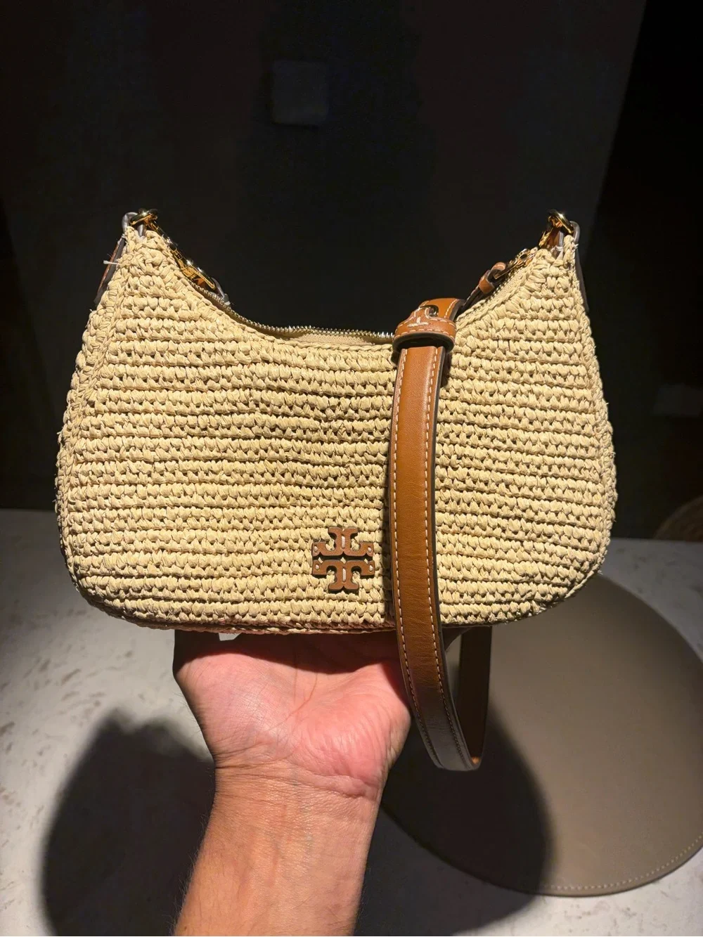 Tory Burch Natural Raffia Crescent Crossbody with Tan Leather Strap